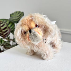 Vintage early Grisly mohair Pekingese puppy dog tagged German stuffed animal posable swivel head Steiff kitsch doll