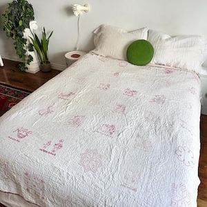 Vintage 1930s Redwork Embroidery Quilt hand stitched embroidered nursery rhyme animals childrens motif folk art cotton quilt large 64&quot; x 74&quot;