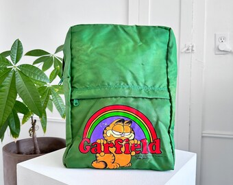 Rare NWT 1978 vintage green Garfield backpack rainbow cartoon orange chunky orange fat cat graphic w/ tag zipper closure front pocket