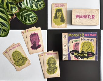 Komplettes 1964 Universal Monsters Old Maid Kartenspiel in Box Milton Bradley Neuheit Kitsch Brettspiel Creature Frankenstein Dracula 39 Karten