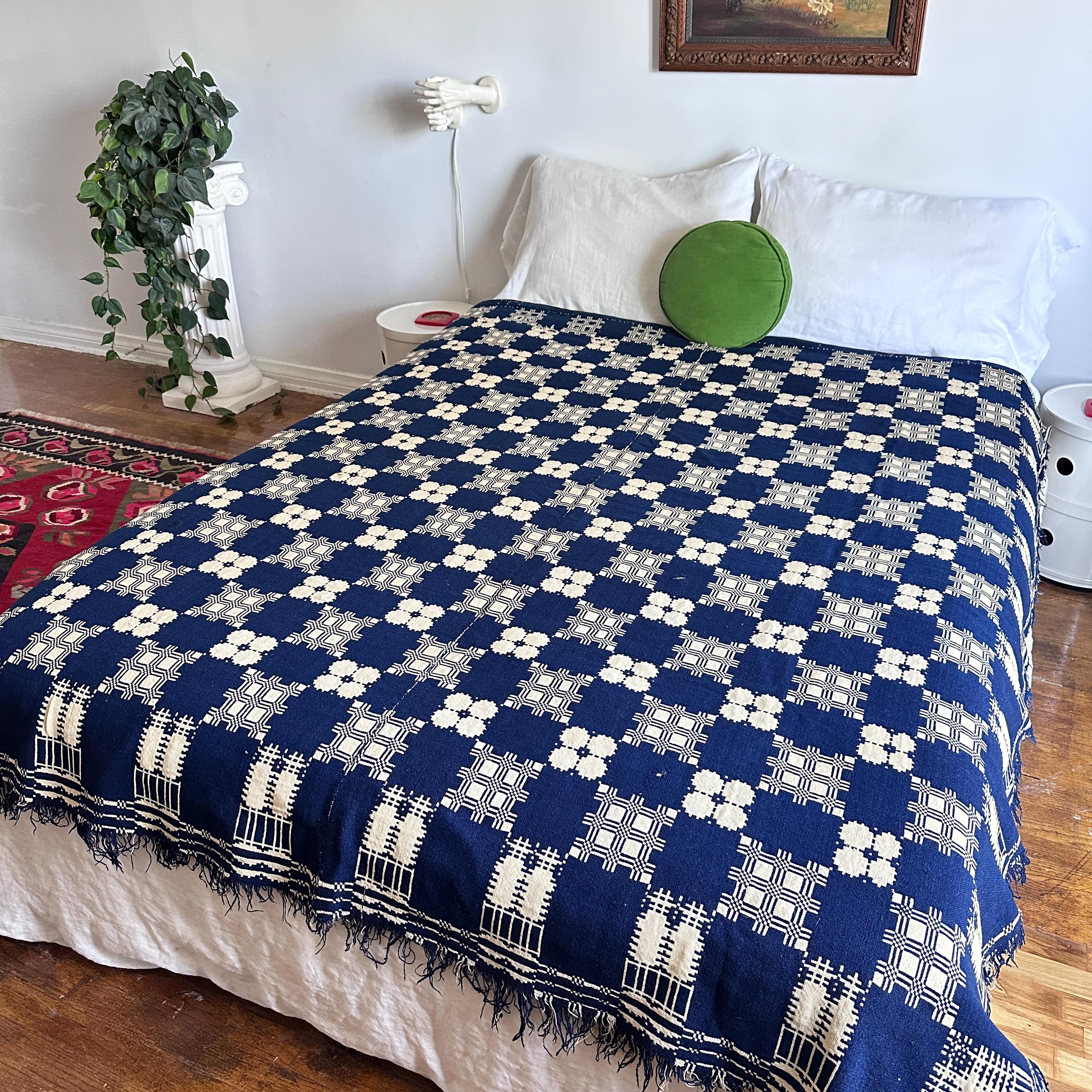Antique 1850s Indigo Jacquard Coverlet Overshot Geometric