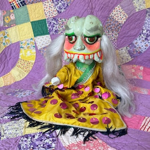 Antique 1920s Chinese devil hand painted wood carved monster puppet doll  folk art opera sequin costume