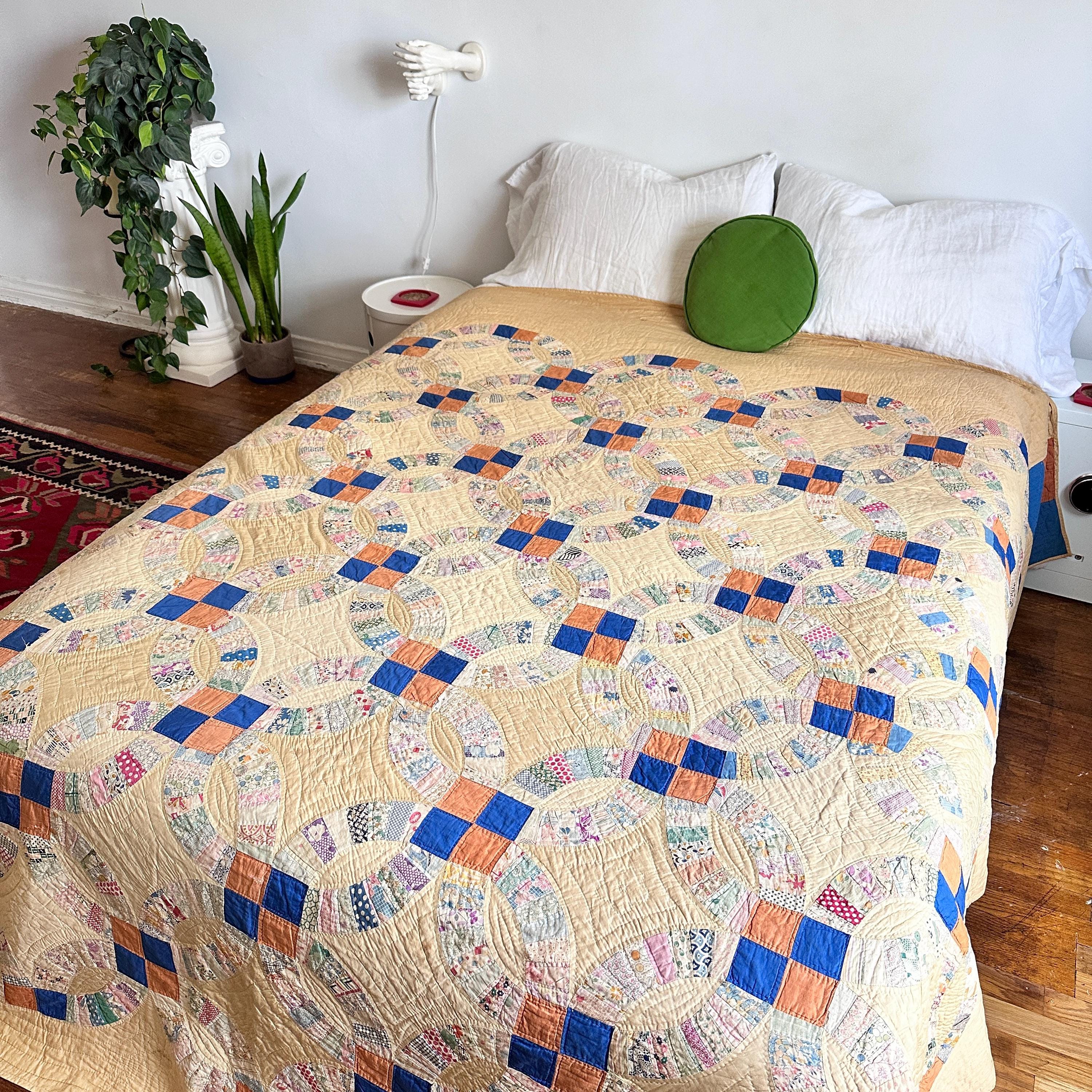 Edredón vintage de calidad con diseño de doble anillo de bodas, de los años  30 y 40, cosido a mano, de algodón calicó acolchado, color azul melocotón y  tostado, tamaño Queen, 88\, image size:3000x3000