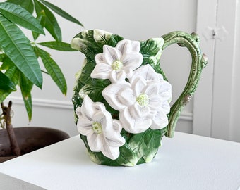 Vintage World Bazaar magnolia flower ceramic pitcher dimensional white green floral pottery Mid Century Cottagecore Coquette decor 8"