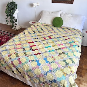 Vintage 1930s 1940s Snowball Quilt Pastel Novelty Feedsack Prints Yellow Hand Tied Patchwork Quilt 70 x 76" full