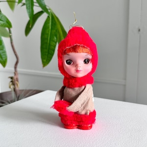 NICE vintage 1968 Kamar doll Christmas ornament big eye girl rubber plastic body red plush hair w/ original tag Japan pre Blythe