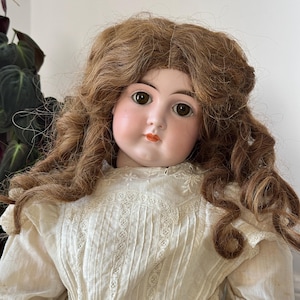 May include: A doll with long, wavy brown hair, brown eyes, and painted orange lips. The doll wears a cream-colored long-sleeved garment featuring vertical pleats, delicate lace trim, and intricate floral embroidery along the neckline and chest.