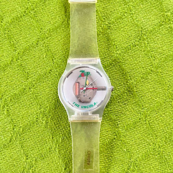 Vintage 1980s 1990s 7-UP The Uncola Skeletal mail away advertising promo wrist watch transparent clear see through face band analog wind up