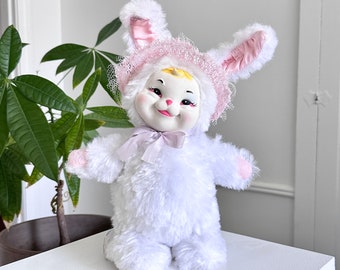 Cutest 1950s original vintage Molly Cottontail Rushton Star Creation pink white standing bunny rubber face plush kitsch toy w/ tag + bonnet