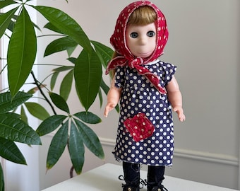 Complete vintage Brookglad 13" Poor Pitiful Pearl doll w/ original blue red polka dod outfit blinking blue eyes William Steig Horseman