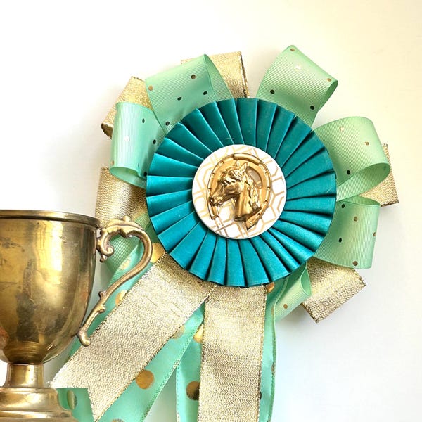 KY Derby Rosette Equestrian Ribbons Show Bows Bottle Topper Mint Teal & Gold