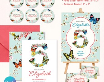 Kit per la festa del quinto compleanno con farfalle floreali, invito digitale modificabile su Canva, cartello di benvenuto e decorazioni per cupcake.