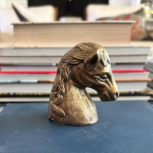 May include: A bronze-colored horse head sculpture, likely a bookend or decorative item. The horse's mane and facial features are detailed. The sculpture sits on a dark blue surface, with a stack of books in the background.