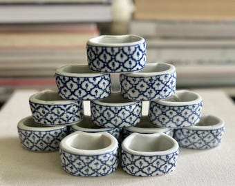 Vintage Williams Sonoma Blue White Porcelain Napkin Rings Set of 12 Chinoiserie