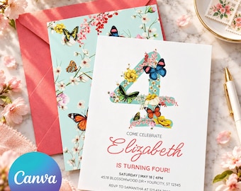 Invito per il quarto compleanno con farfalle floreali, invito per festa in giardino modificabile su Canva, download digitale.
