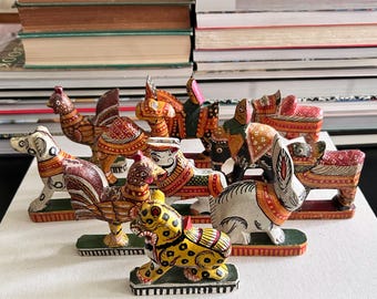 Vintage Indian Hand-Painted Animal Figures, Folk Art Place Setting Accents