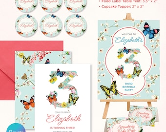Kit per la festa del terzo compleanno con farfalle e fiori, invito digitale modificabile su Canva, cartello di benvenuto e decorazioni per cupcake.