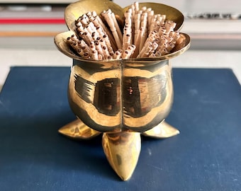 Vintage Solid Brass Flower Match Toothpick Holder, Botanical Cocktail Pick Cup