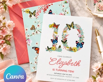 Invito per il decimo compleanno con farfalle floreali, invito per festa in giardino modificabile su Canva, download digitale.