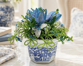 Vintage Beaded Flower Arrangement | Handmade Crocus Display | Blue Beads | Asian Pot | 6.5Inch