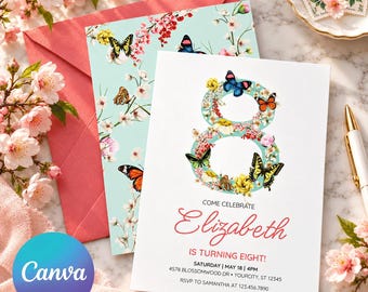 Invito per l'ottavo compleanno con farfalle e fiori, invito per festa in giardino modificabile su Canva, download digitale.
