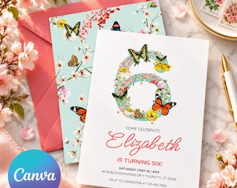Invito per il sesto compleanno con farfalle floreali, invito per festa in giardino modificabile su Canva, download digitale.