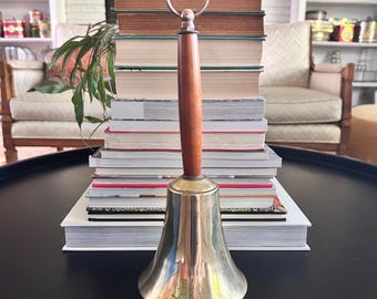 Vintage Large Dinner Bell with Wood Handle, Brass Hand Bell, Traditional Cottage Kitchen Decor