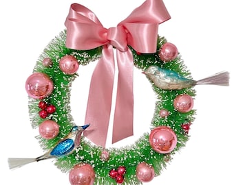 Guirlanda de Natal vintage em vidro mercúrio com pássaros, nas cores rosa e verde.