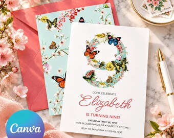 Invito per il nono compleanno con farfalle e fiori, invito per festa in giardino modificabile su Canva, download digitale.