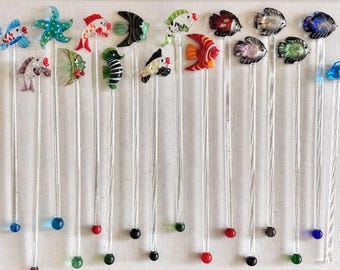 Set of 16 Blown Glass Fish Cocktail Stirrers, Tropical Sea Life Swizzle Sticks