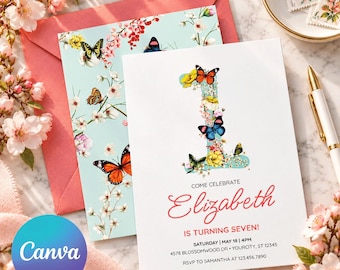 Invito per il primo compleanno con farfalle e fiori, invito per festa in giardino modificabile su Canva, download digitale.