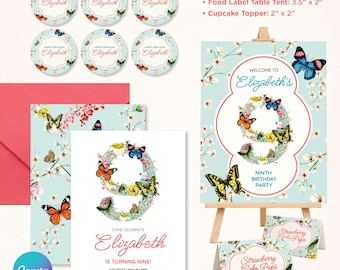 Kit per la festa di compleanno a tema farfalle e fiori, con invito digitale modificabile su Canva, cartello di benvenuto e decorazioni per cupcake.