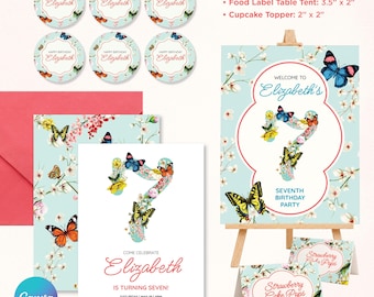 Kit per la festa del settimo compleanno a tema farfalle e fiori, include invito digitale modificabile su Canva, cartello di benvenuto e decorazioni per cupcake.