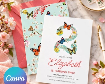 Invito per il secondo compleanno con farfalle e fiori, invito per festa in giardino modificabile su Canva, download digitale.