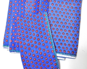 Vintage Blue Cotton Napkins with Red Floral Print – Set of 4 Cottage Table Linens