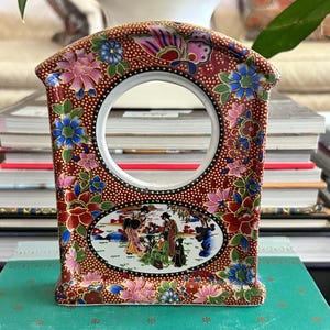 Vintage Asian Enamel Porcelain Picture Frame: Red Floral Chinoiserie Desk Accent