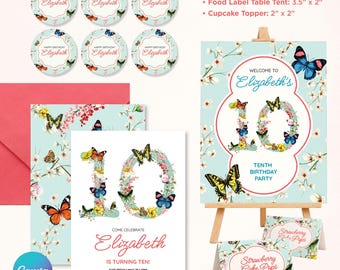 Kit per la festa del decimo compleanno a tema floreale e farfalle, include invito digitale modificabile su Canva, cartello di benvenuto e decorazioni per cupcake.