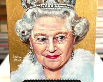 Origineel portretschilderij koningin Elizabeth door Susan Howe, 8 x 8 goud metallic canvaskunst