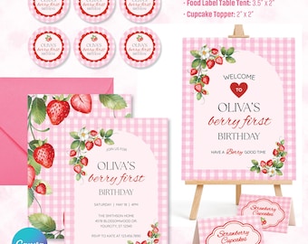 Kit per la festa del primo compleanno a tema fragole, invito a quadretti acquerellati, cartello di benvenuto, decorazioni per cupcake (download digitale)