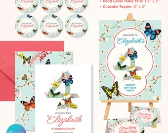 Kit per la festa del quarto compleanno a tema farfalle e fiori, include invito digitale modificabile su Canva, cartello di benvenuto e decorazioni per cupcake.
