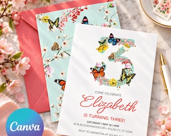 Invito per il terzo compleanno con farfalle e fiori, invito per festa in giardino modificabile su Canva, download digitale.