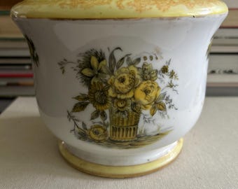 Vintage Yellow Floral Ceramic Planter, Transferware Style Cachepot, Footed Flower Pot, Cottage Decor
