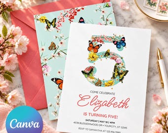 Invito per il quinto compleanno con farfalle e fiori, invito per festa in giardino modificabile su Canva, download digitale.