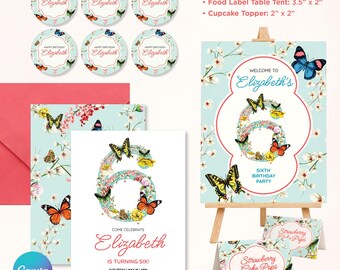 Kit per la festa del sesto compleanno a tema farfalle e fiori, include invito digitale modificabile su Canva, cartello di benvenuto e decorazioni per cupcake.