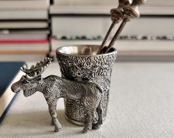 95% Pewter Moose Match Holder, Woodland Forest Scene Toothpick Cup, Lodge Table Accessory
