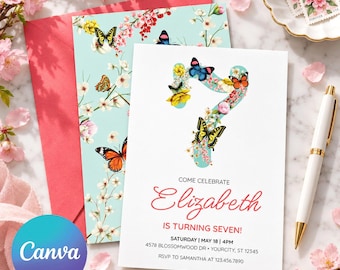 Invito per il settimo compleanno con farfalle floreali, invito per festa in giardino modificabile su Canva, download digitale.