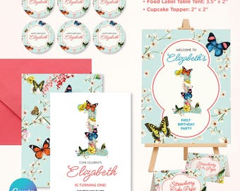 Kit per la festa del primo compleanno con farfalle floreali, invito digitale modificabile su Canva, cartello di benvenuto e decorazioni per cupcake.