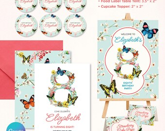 Kit per la festa di ottavo compleanno a tema floreale e farfalle, include invito digitale modificabile su Canva, cartello di benvenuto e decorazioni per cupcake.
