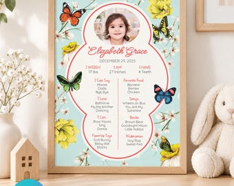 Poster per il primo compleanno con farfalle, modello Canva modificabile a tema floreale.