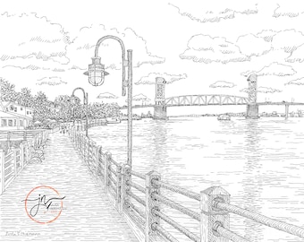 Wilmington Riverwalk | Fine Art Print | Cape Fear River Art | Cape Fear Memorial Bridge